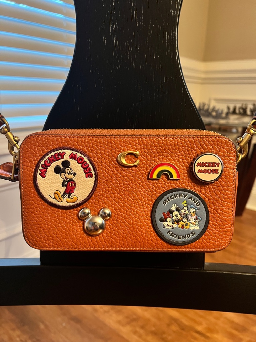 Coach Orange Pebbled Leather Mickey Mouse Patch Crossbody Wallet